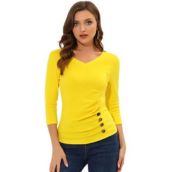 Women's Decorative Button V Neck 3/4 Sleeve Solid Blouse Knit Ruched Top