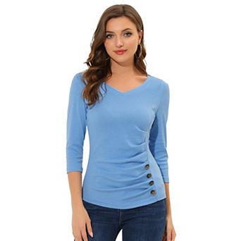 Women's Decorative Button V Neck 3/4 Sleeve Solid Blouse Knit Ruched Top