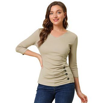 Women's Decorative Button V Neck 3/4 Sleeve Solid Blouse Knit Ruched Top
