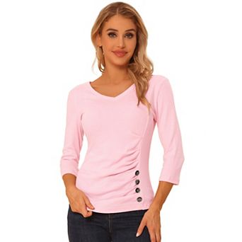 Women's Decorative Button V Neck 3/4 Sleeve Solid Blouse Knit Ruched Top
