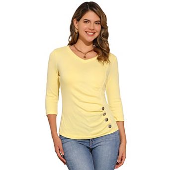 Women's Decorative Button V Neck 3/4 Sleeve Solid Blouse Knit Ruched Top
