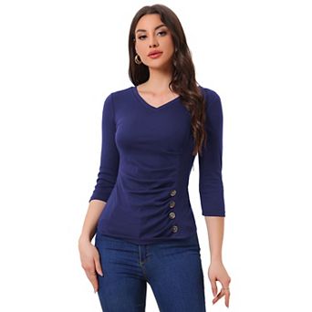 Women's Decorative Button V Neck 3/4 Sleeve Solid Blouse Knit Ruched Top