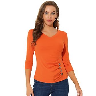 Women's Decorative Button V Neck 3/4 Sleeve Solid Blouse Knit Ruched Top