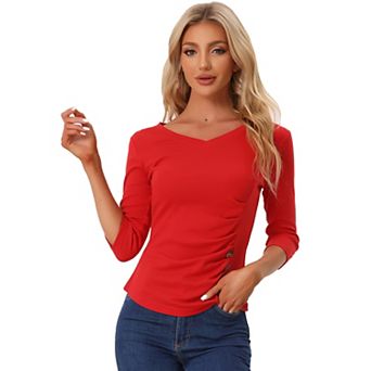 Women's Decorative Button V Neck 3/4 Sleeve Solid Blouse Knit Ruched Top