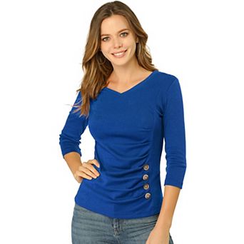 Women's Decorative Button V Neck 3/4 Sleeve Solid Blouse Knit Ruched Top
