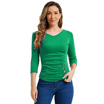 Women's Decorative Button V Neck 3/4 Sleeve Solid Blouse Knit Ruched Top