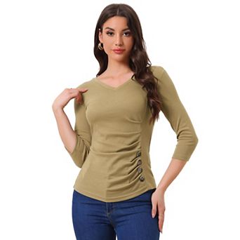 Women's Decorative Button V Neck 3/4 Sleeve Solid Blouse Knit Ruched Top