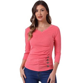 Women's Decorative Button V Neck 3/4 Sleeve Solid Blouse Knit Ruched Top