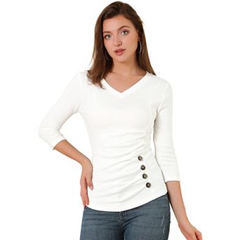 Women's Decorative Button V Neck 3/4 Sleeve Solid Blouse Knit Ruched Top