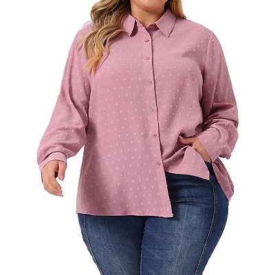 Agnes Orinda Women's Plus Size Swiss Dots Button Down Collar Long Sleeve Shirts Pink 3X
