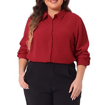 Women's Plus Size Swiss Dots Long Sleeves Button Down Shirt
