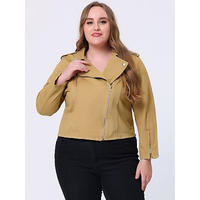 Women's Plus Size Denim Inclined Zip Motorcycle Jacket