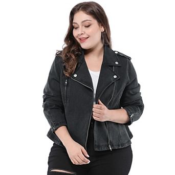 Women's Plus Size Denim Inclined Zip Motorcycle Jacket