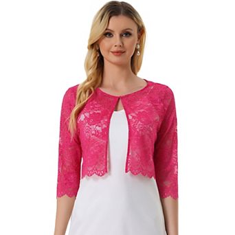 Women's Elegant Sheer Floral Lace Shrug Top Cropped Bolero Cardigan Burgundy X LARGE