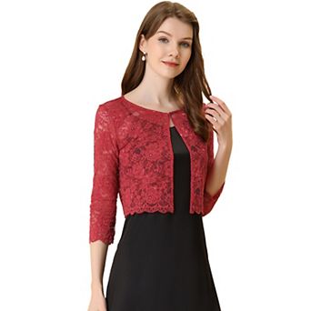 Women's Elegant Sheer Floral Lace Shrug Top Cropped Bolero Cardigan Burgundy X LARGE