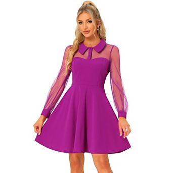 Women's Retro Flat Collar Mesh Sheer Sleeve Flared Party Dress