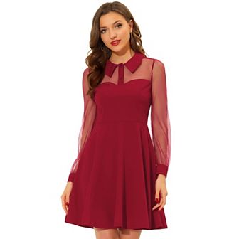 Women's Retro Flat Collar Mesh Sheer Sleeve Flared Party Dress