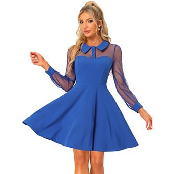 Women's Retro Flat Collar Mesh Sheer Sleeve Flared Party Dress