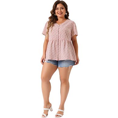 Women's Plus Size Summer Elegant Floral V Neck Peplum Blouse
