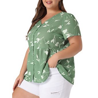 Women's Plus Size Summer Elegant Floral V Neck Peplum Blouse