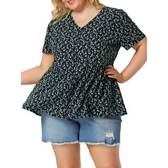 Women's Plus Size Summer Elegant Floral V Neck Peplum Blouse