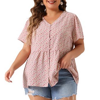 Women's Plus Size Summer Elegant Floral V Neck Peplum Blouse
