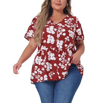 Women's Plus Size Summer Elegant Floral V Neck Peplum Blouse