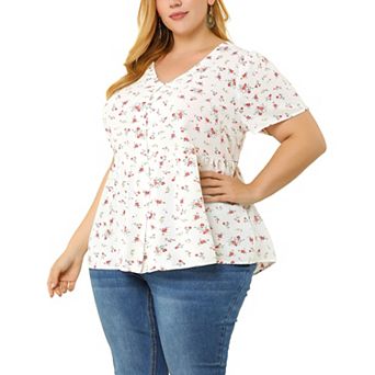 Women's Plus Size Summer Elegant Floral V Neck Peplum Blouse