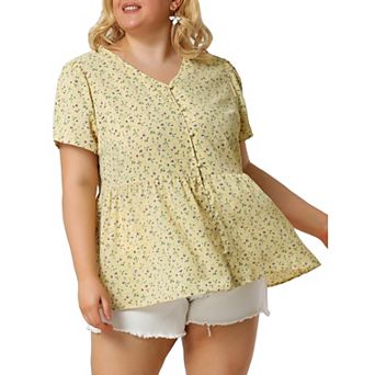 Women's Plus Size Summer Elegant Floral V Neck Peplum Blouse