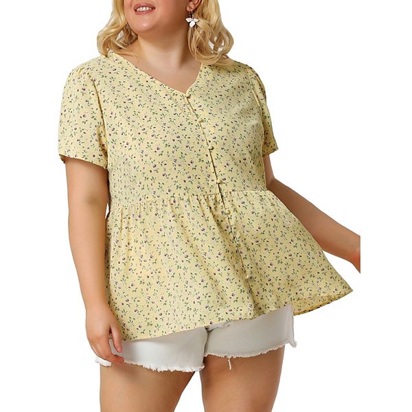 Plus Size Women Spring Pure Color Ruffles Hem Cotton Blouse