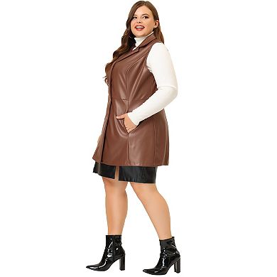 Women's Plus Size Notched Lapel Sleeveless Casual Pu Jacket Vest