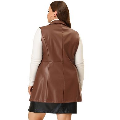 Women's Plus Size Notched Lapel Sleeveless Casual Pu Jacket Vest