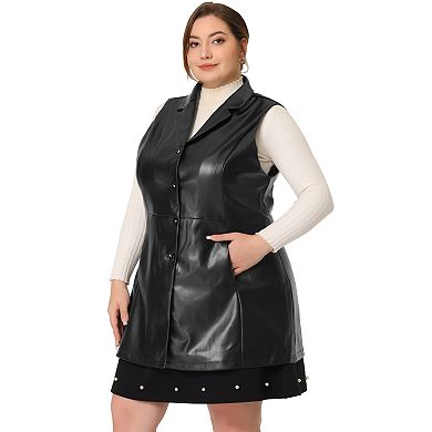 Women's Plus Size Notched Lapel Sleeveless Casual Pu Jacket Vest