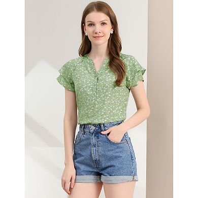 Women's Floral Blouse Button V Neck Ruffled Cap Short Sleeve Summer Casual Top