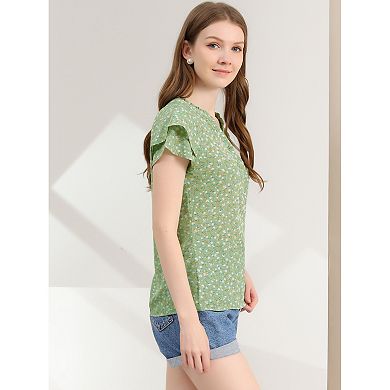 Women's Floral Blouse Button V Neck Ruffled Cap Short Sleeve Summer Casual Top