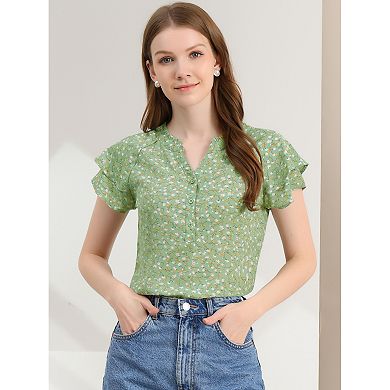 Women's Floral Blouse Button V Neck Ruffled Cap Short Sleeve Summer Casual Top