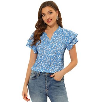 Women's Floral Blouse Button V Neck Ruffled Cap Short Sleeve Summer Casual Top