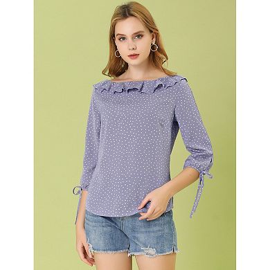 Women's Vintage 3/4 Sleeve Tops Boat Neck Ruffled Polka Dots Blouse