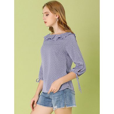 Women's Vintage 3/4 Sleeve Tops Boat Neck Ruffled Polka Dots Blouse