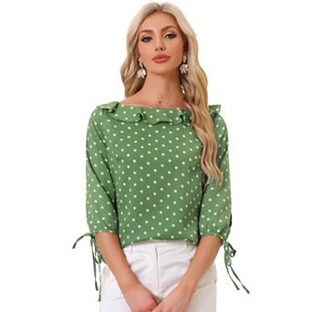 Women's Vintage 3/4 Sleeve Tops Boat Neck Ruffled Polka Dots Blouse