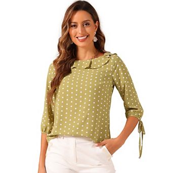 Women's Vintage 3/4 Sleeve Tops Boat Neck Ruffled Polka Dots Blouse