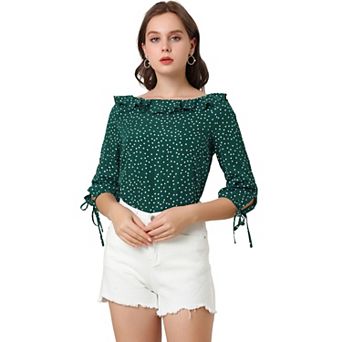 Women's Vintage 3/4 Sleeve Tops Boat Neck Ruffled Polka Dots Blouse