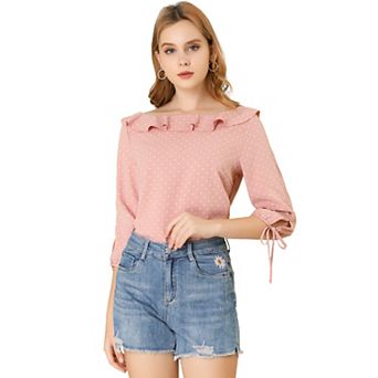 Women's Vintage 3/4 Sleeve Tops Boat Neck Ruffled Polka Dots Blouse