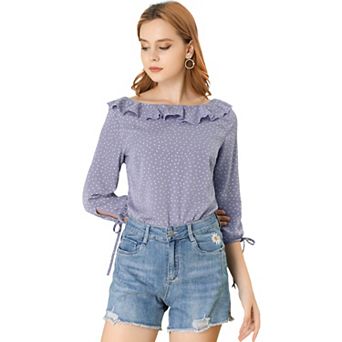 Women's Vintage 3/4 Sleeve Tops Boat Neck Ruffled Polka Dots Blouse