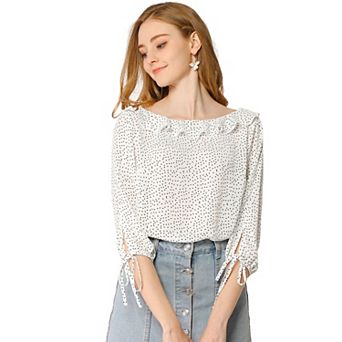 Women's Vintage 3/4 Sleeve Tops Boat Neck Ruffled Polka Dots Blouse