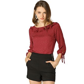 Women's Vintage 3/4 Sleeve Tops Boat Neck Ruffled Polka Dots Blouse