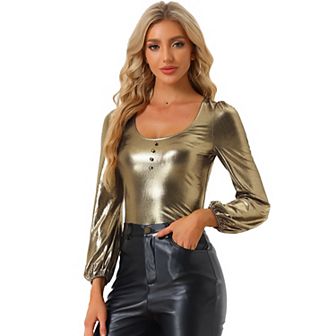 Metallic Shirt for Women's Lantern Sleeve Party Shiny Glitter Tops