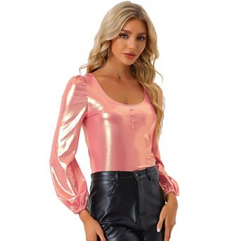 Metallic Shirt for Women's Lantern Sleeve Party Shiny Glitter Tops