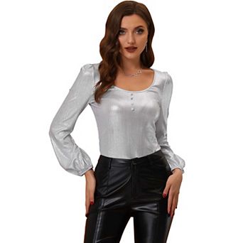 Metallic Shirt for Women's Lantern Sleeve Party Shiny Glitter Tops