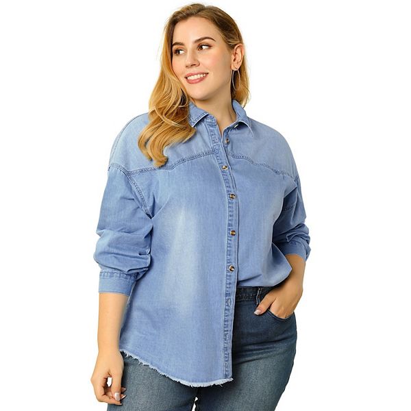 Women's Plus Size Outfits Fashion Button Down Denim Shirt